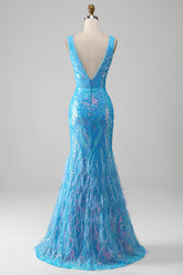 Glitzerndes blaues Meerjungfrauen Kleid mit V-Ausschnitt und Schlitz